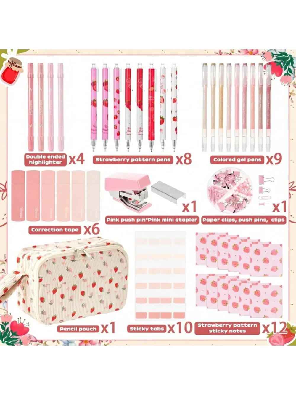 Cute Pink Strawberry Stationery Set with Pencil Case - Perfect School Supplies!